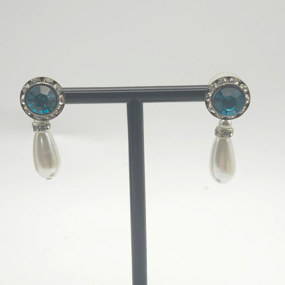 Blue Rhinestone Faux Pearl Drop Earrings Silver‎ Tone Bridal Glam Post Dangle